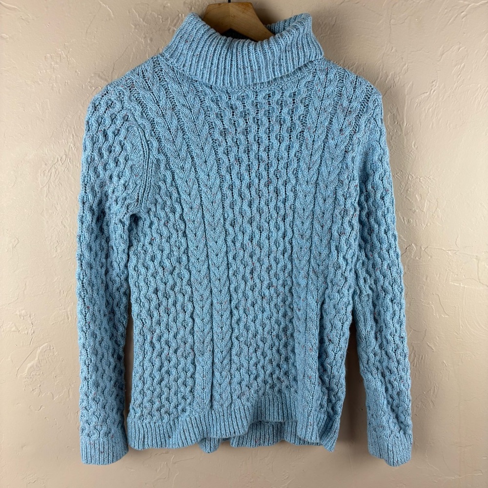 Lands' End Blue Chunky Heavy Cable Knit Turtleneck Sweater Flecked Speckled XS